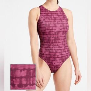 Athleta Maldives Purple Plum Tie Dye Printed Cut Out One Piece Swimsuit Size L